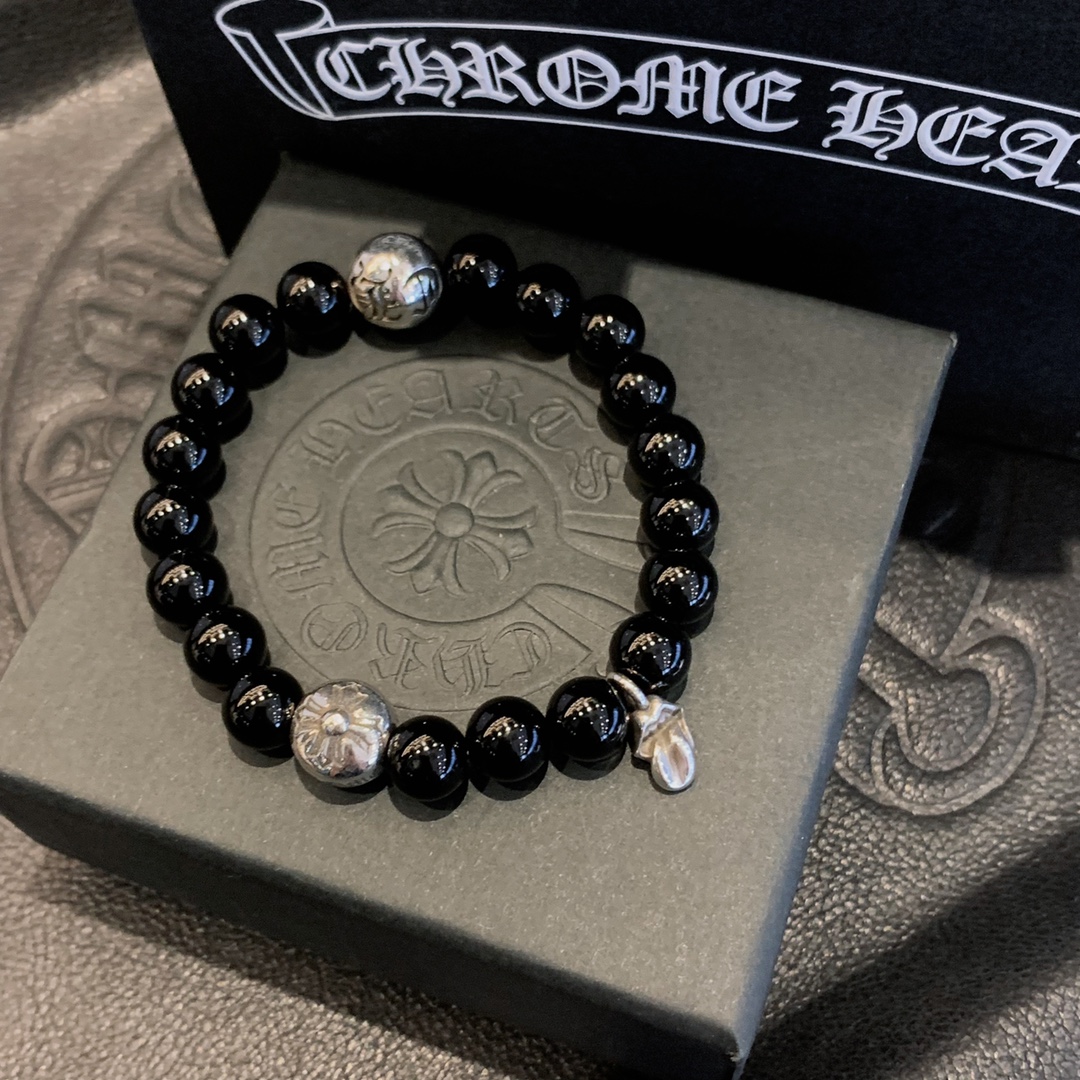Chrome Hearts 925 실버 블랙 오닉스 비드 팔찌｜8mm