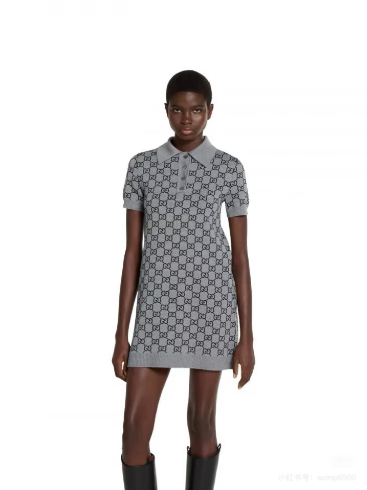 GG 울 자카드 폴로 드레스