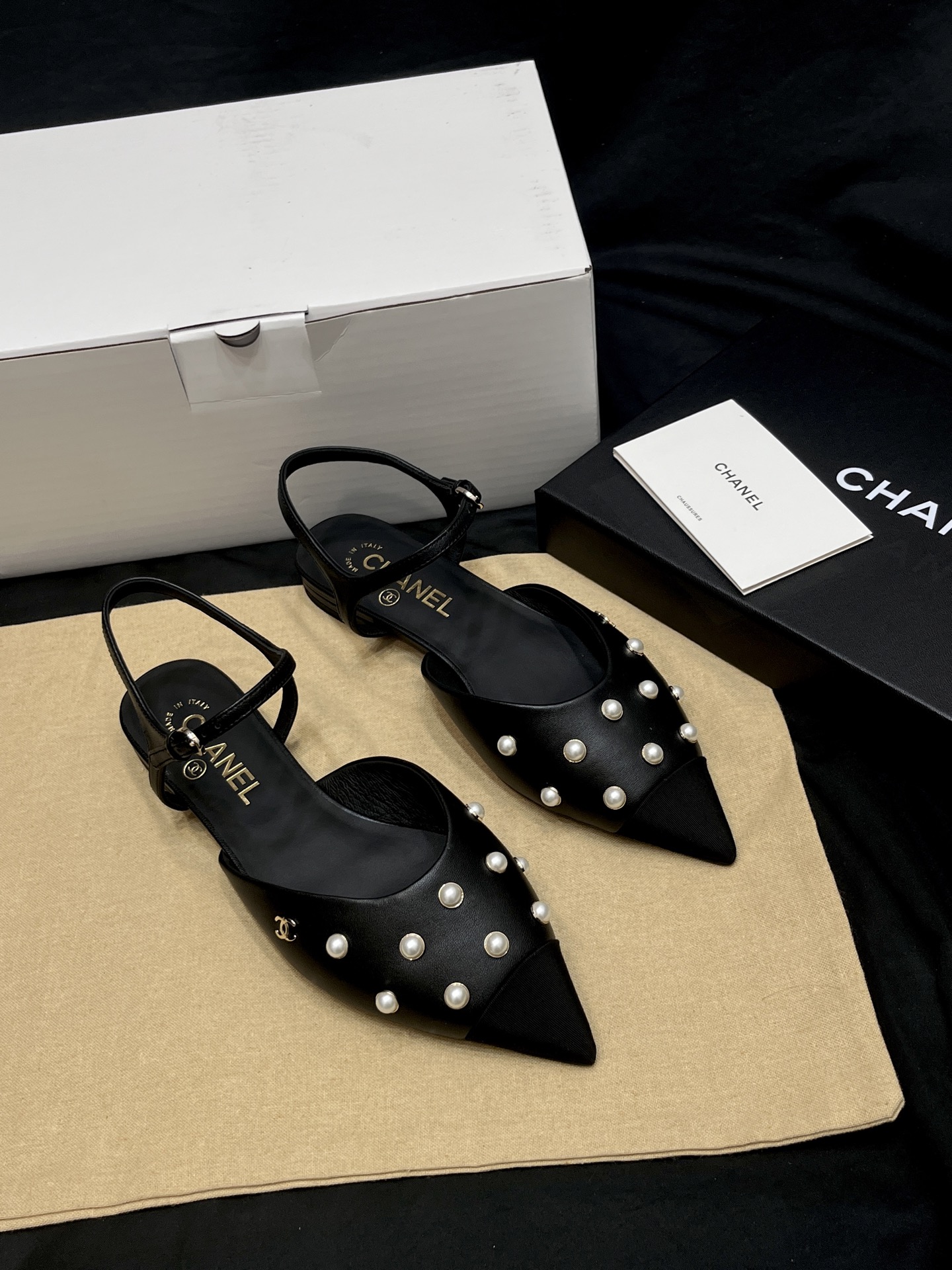 샤* 25K 진주 장식 슬링백 플랫 슈즈